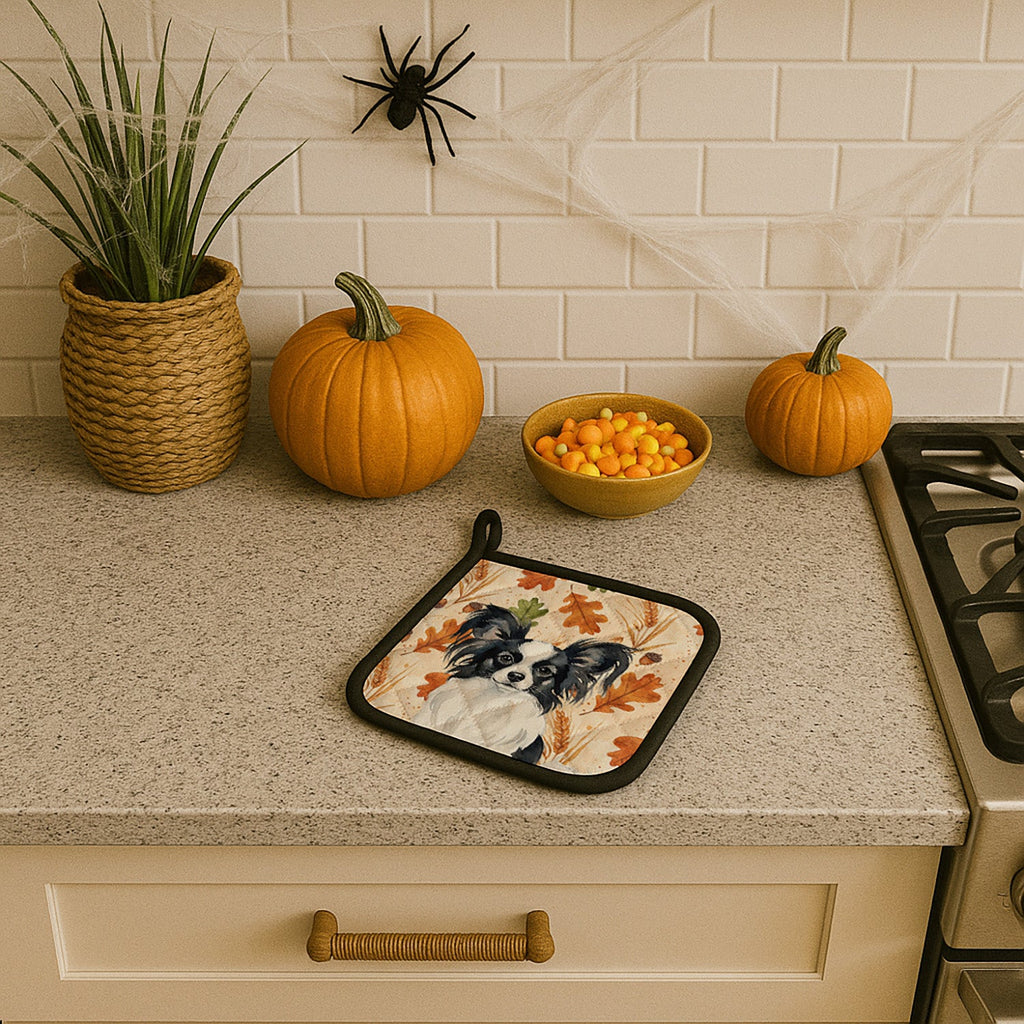 Black and White Papillon Heirloom Fall Pot Holder Set of 2 Heat Resistant Quilted Hot Pads 7.5 x 7.5 Inch, Insulated Kitchen Trivets for Cooking & Baking