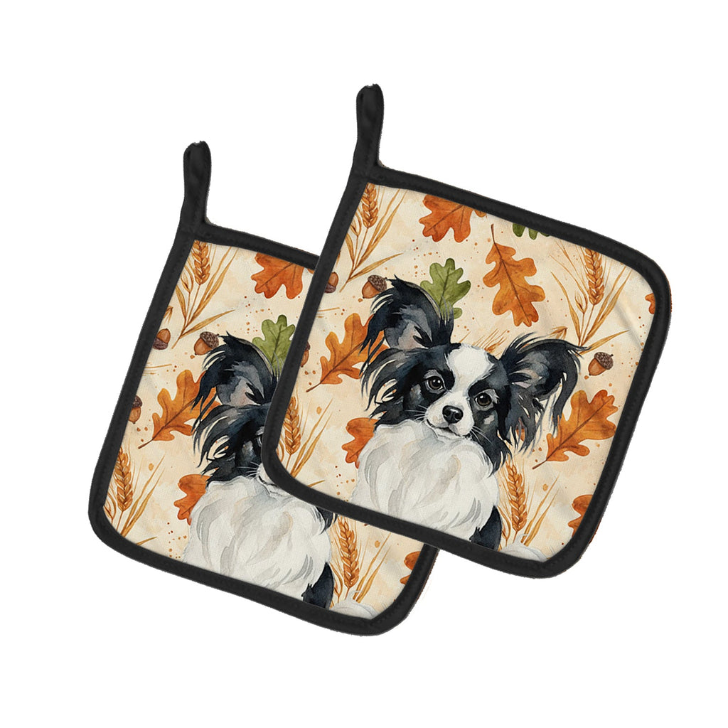 Black and White Papillon Heirloom Fall Pot Holder Set of 2 Heat Resistant Quilted Hot Pads 7.5 x 7.5 Inch, Insulated Kitchen Trivets for Cooking & Baking