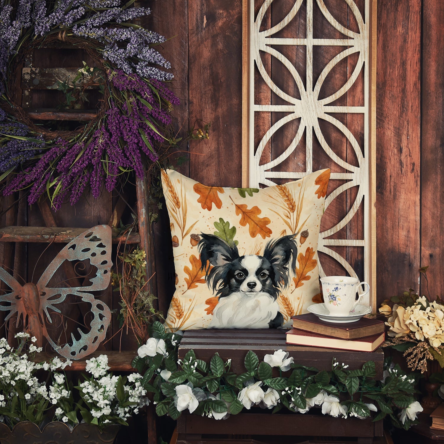 Black and White Papillon Heirloom Fall Decorative Throw Pillow 18x18 Indoor Outdoor Accent Cushion, Fabric Cover with Insert for Sofa, Bed, Porch & Living Room