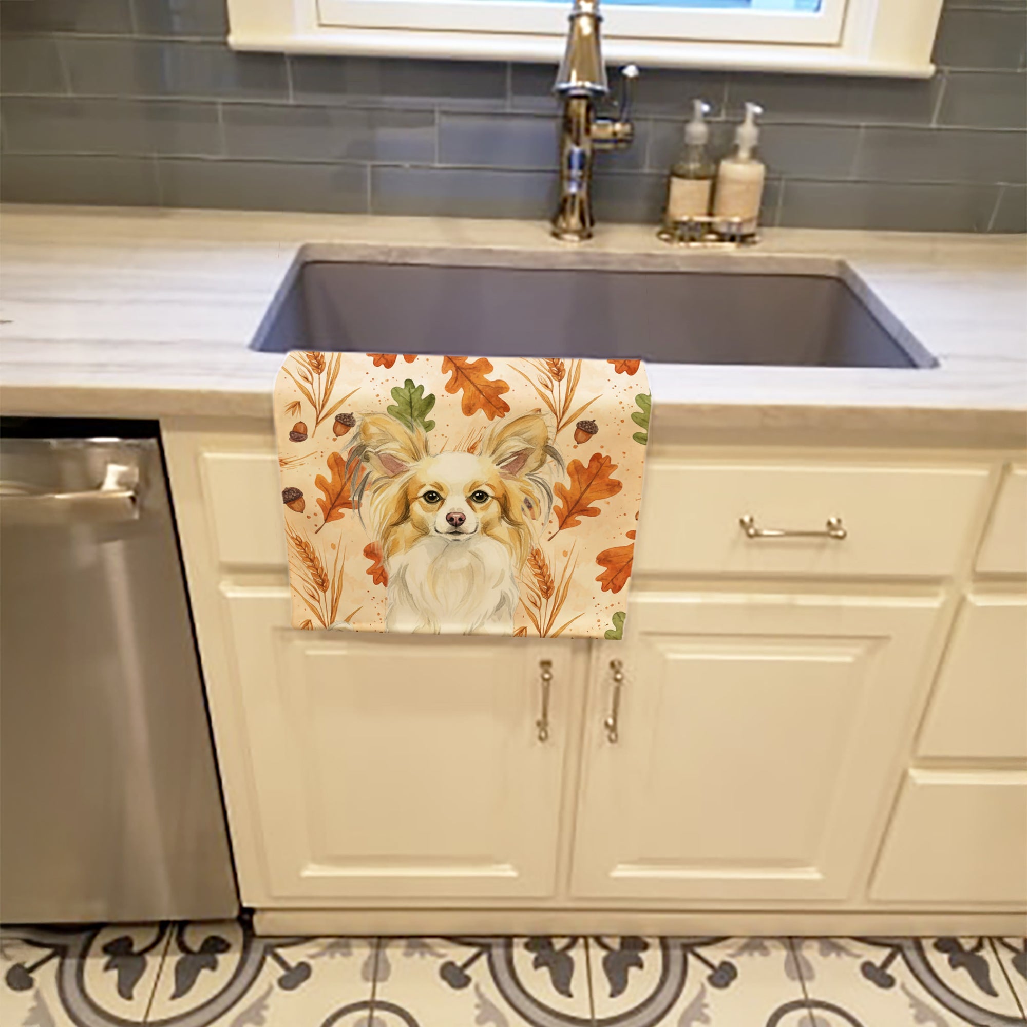 Lemon and White Papillon Heirloom Fall Kitchen Towel Velour Plush Front and Cotton Loop Back Machine Washable