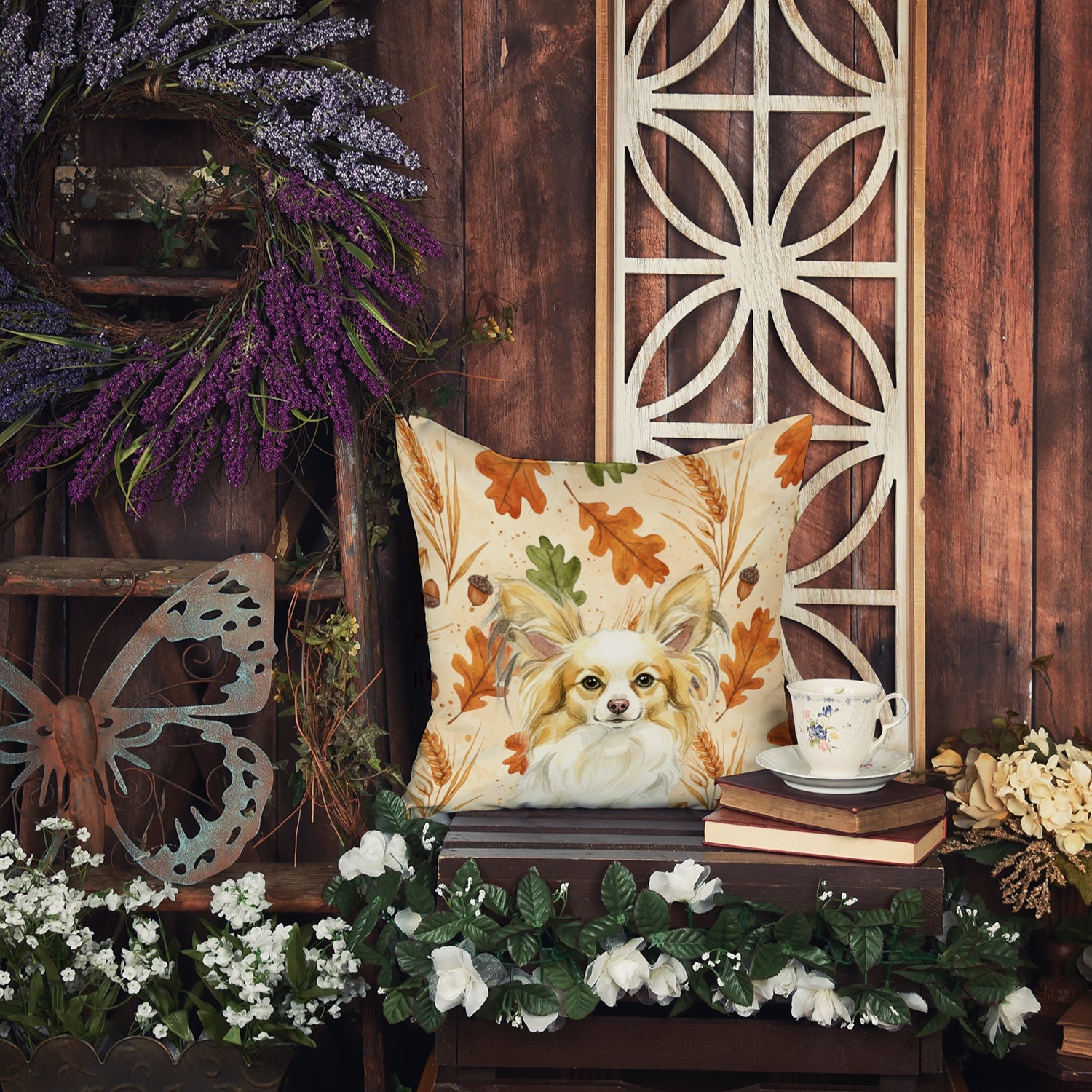 Lemon and White Papillon Heirloom Fall Decorative Throw Pillow 18x18 Indoor Outdoor Accent Cushion, Fabric Cover with Insert for Sofa, Bed, Porch & Living Room