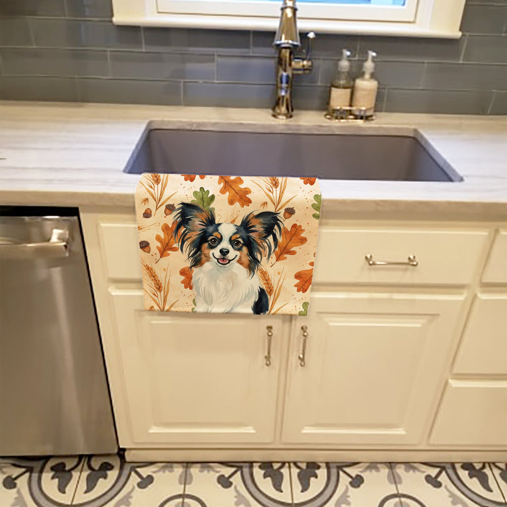 Tricolor Papillon Heirloom Fall Kitchen Towel Velour Plush Front and Cotton Loop Back Machine Washable