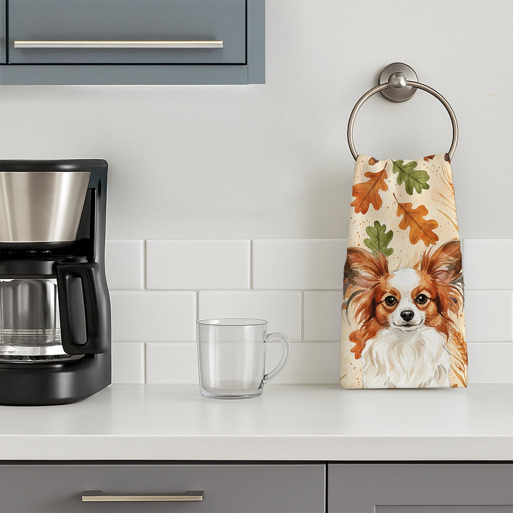 White with Red Papillon Heirloom Fall Kitchen Towel Velour Plush Front and Cotton Loop Back Machine Washable