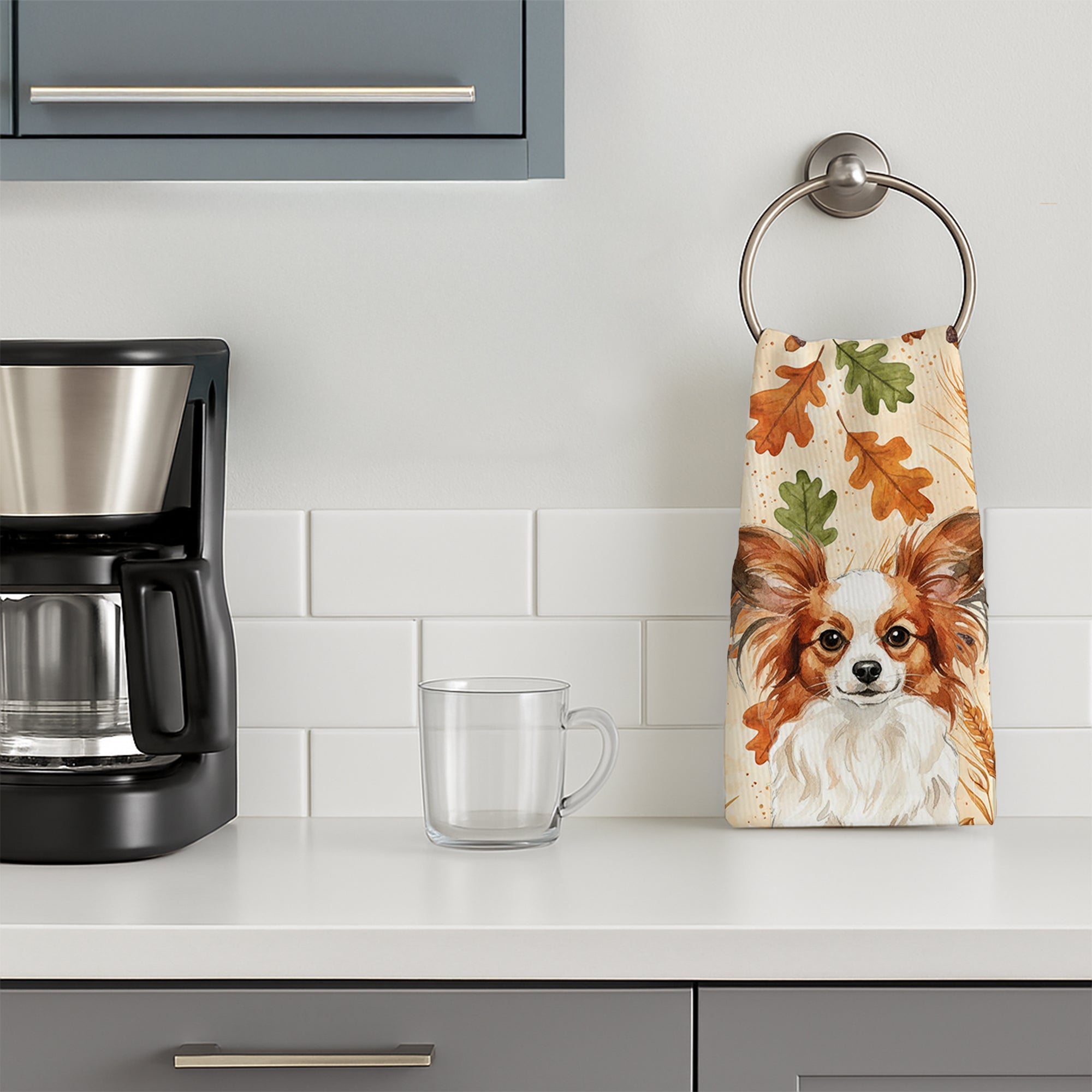 White with Red Papillon Heirloom Fall Kitchen Towel Velour Plush Front and Cotton Loop Back Machine Washable