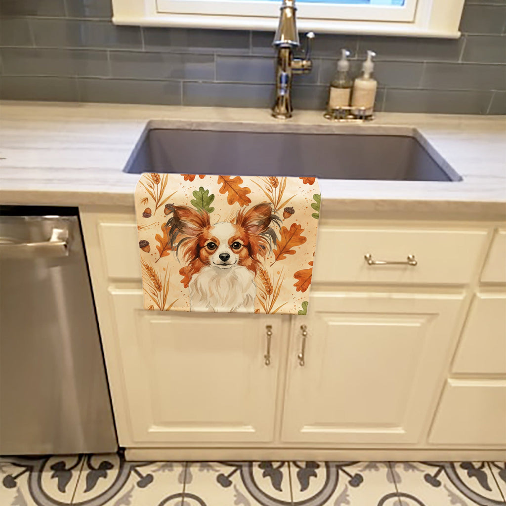 White with Red Papillon Heirloom Fall Kitchen Towel Velour Plush Front and Cotton Loop Back Machine Washable