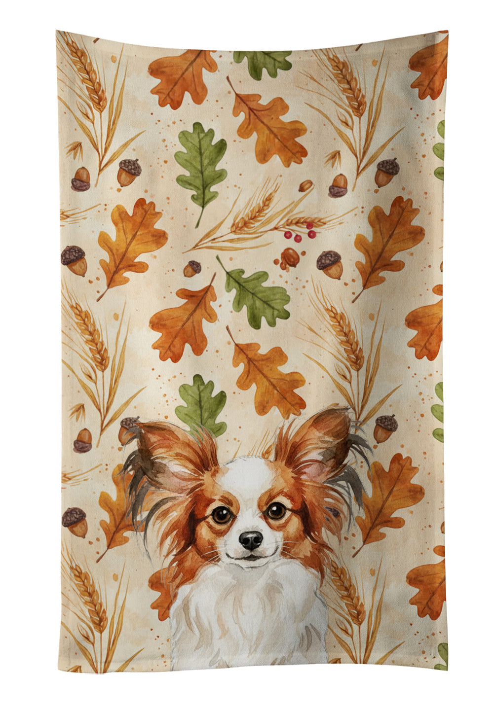 White with Red Papillon Heirloom Fall Kitchen Towel Velour Plush Front and Cotton Loop Back Machine Washable
