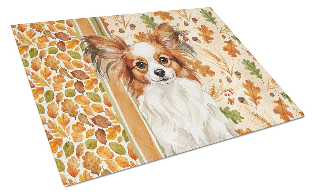 White with Red Papillon Heirloom Fall Cutting Board Tempered Glass Kitchen Cutting Surface, Heat Resistant Chopping, Non-Slip Feet, Food Prep & Serving