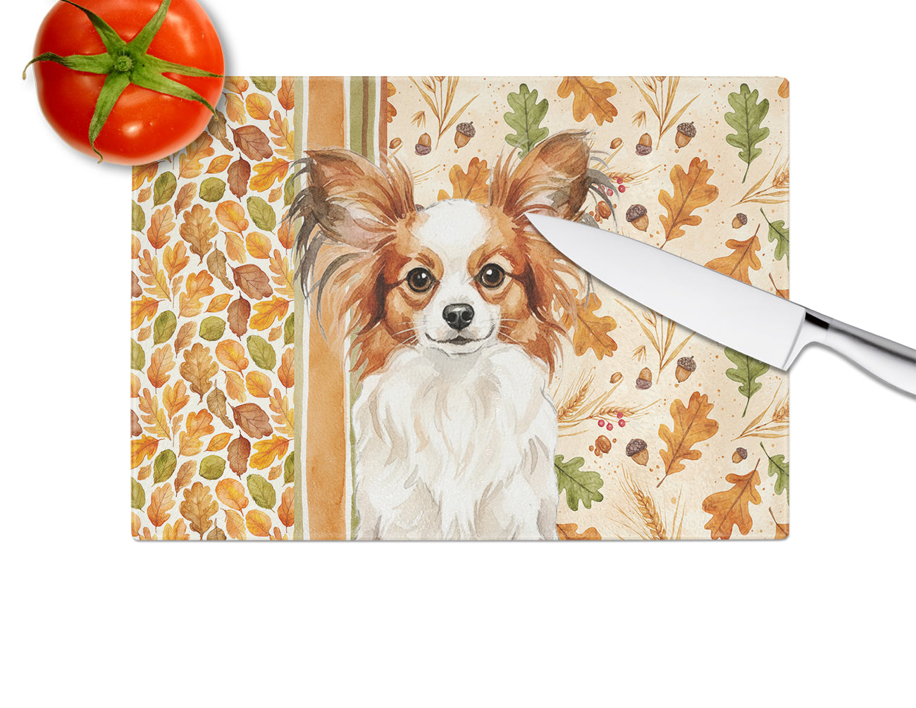 White with Red Papillon Heirloom Fall Cutting Board Tempered Glass Kitchen Cutting Surface, Heat Resistant Chopping, Non-Slip Feet, Food Prep & Serving