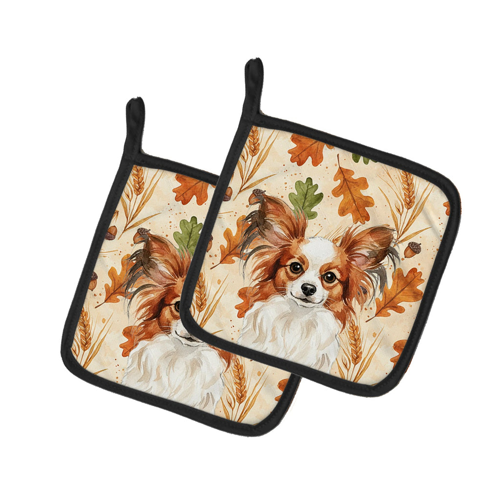 White with Red Papillon Heirloom Fall Pot Holder Set of 2 Heat Resistant Quilted Hot Pads 7.5 x 7.5 Inch, Insulated Kitchen Trivets for Cooking & Baking