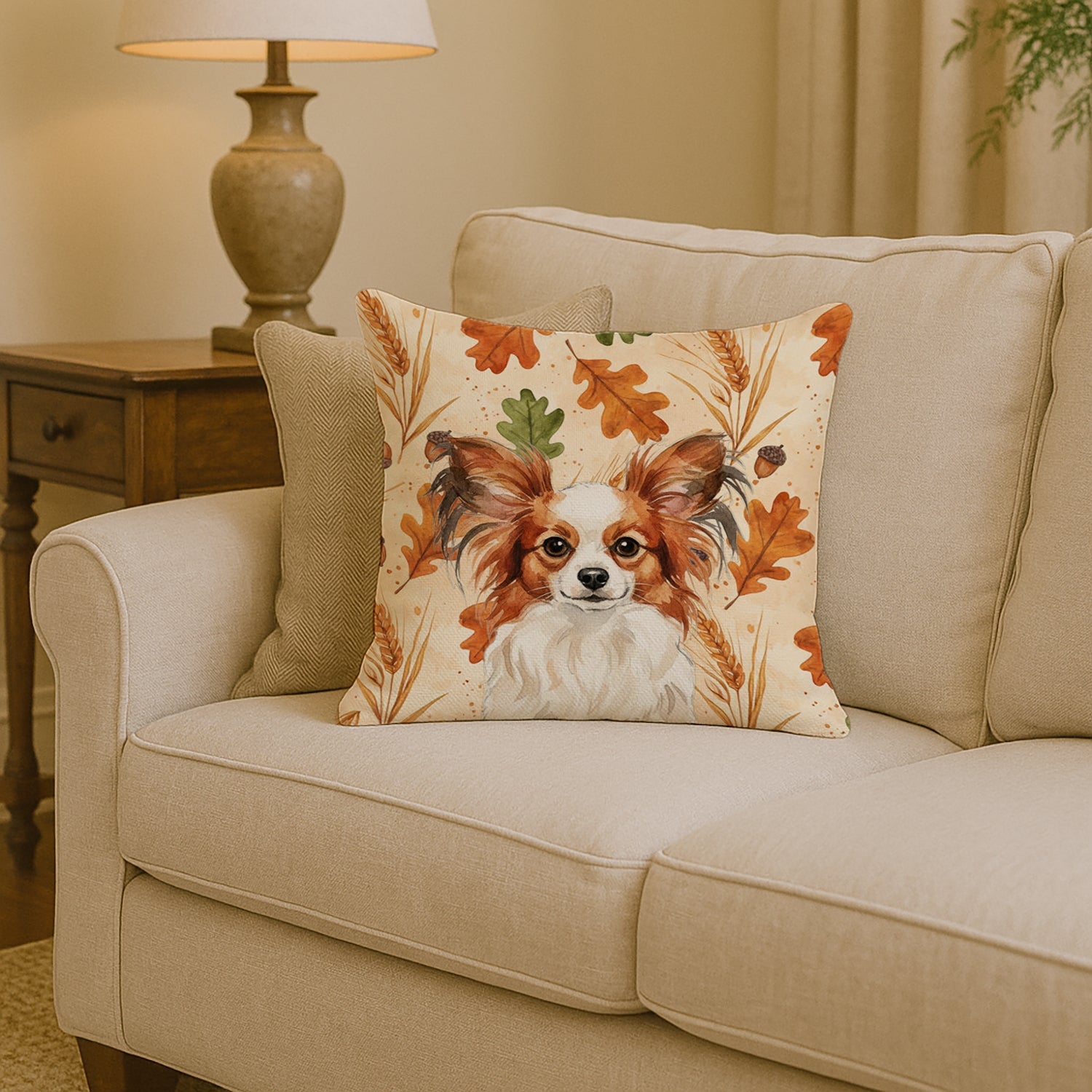 White with Red Papillon Heirloom Fall Decorative Throw Pillow 14x14 Indoor Outdoor Accent Cushion, Fabric Cover with Insert for Sofa, Bed, Porch & Living Room