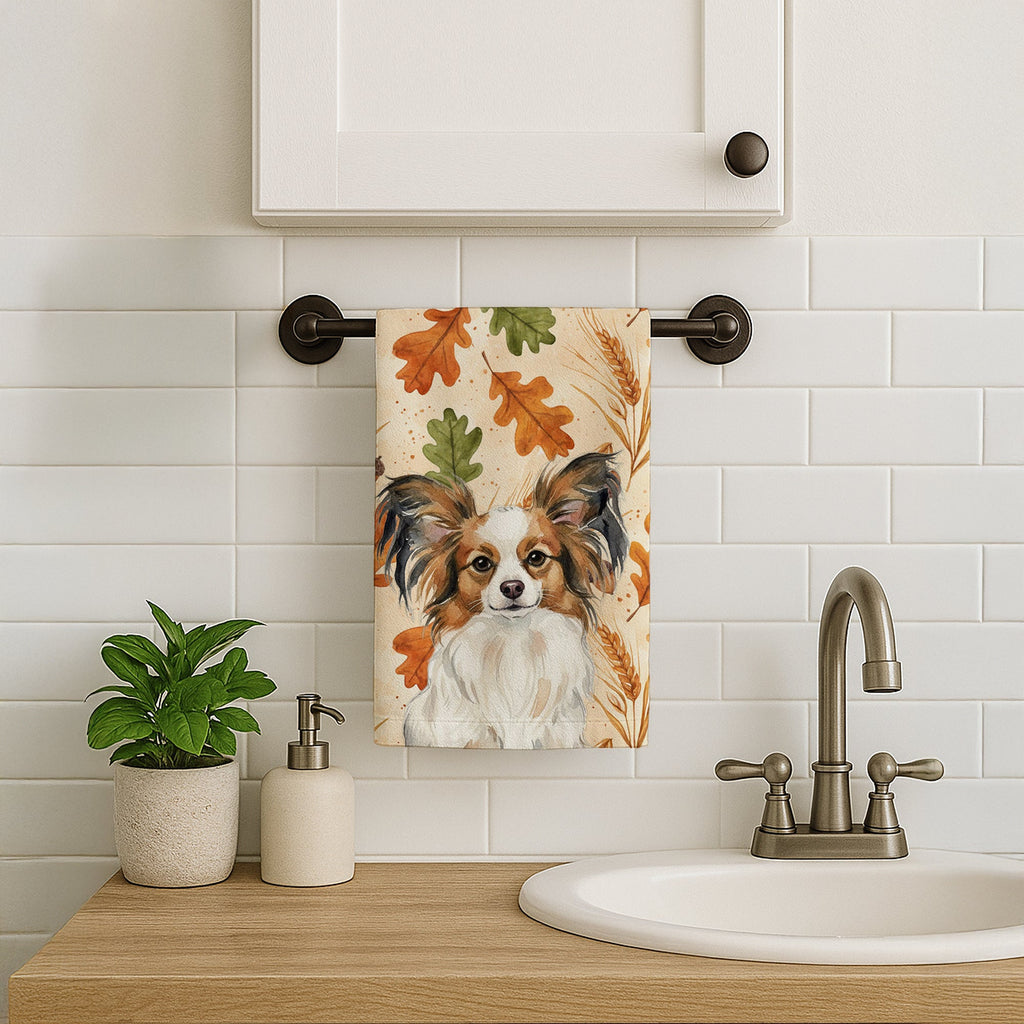 White with Sable Papillon Heirloom Fall Kitchen Towel Velour Plush Front and Cotton Loop Back Machine Washable