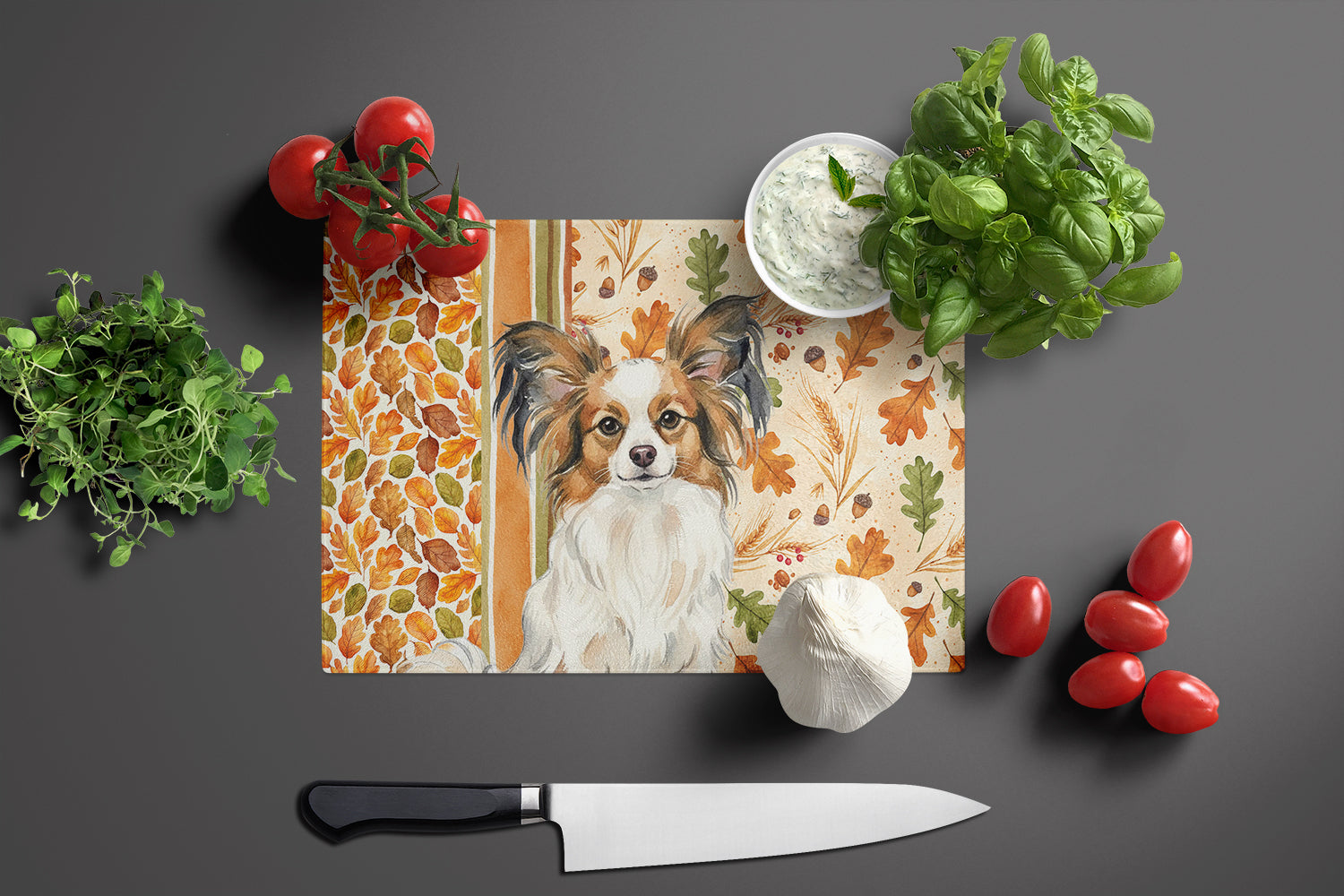 White with Sable Papillon Heirloom Fall Cutting Board Tempered Glass Kitchen Cutting Surface, Heat Resistant Chopping, Non-Slip Feet, Food Prep & Serving