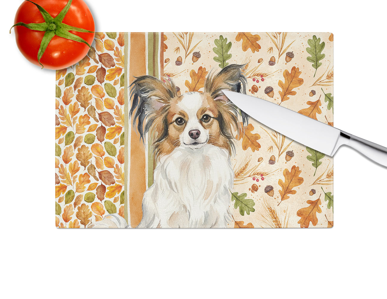 White with Sable Papillon Heirloom Fall Cutting Board Tempered Glass Kitchen Cutting Surface, Heat Resistant Chopping, Non-Slip Feet, Food Prep & Serving