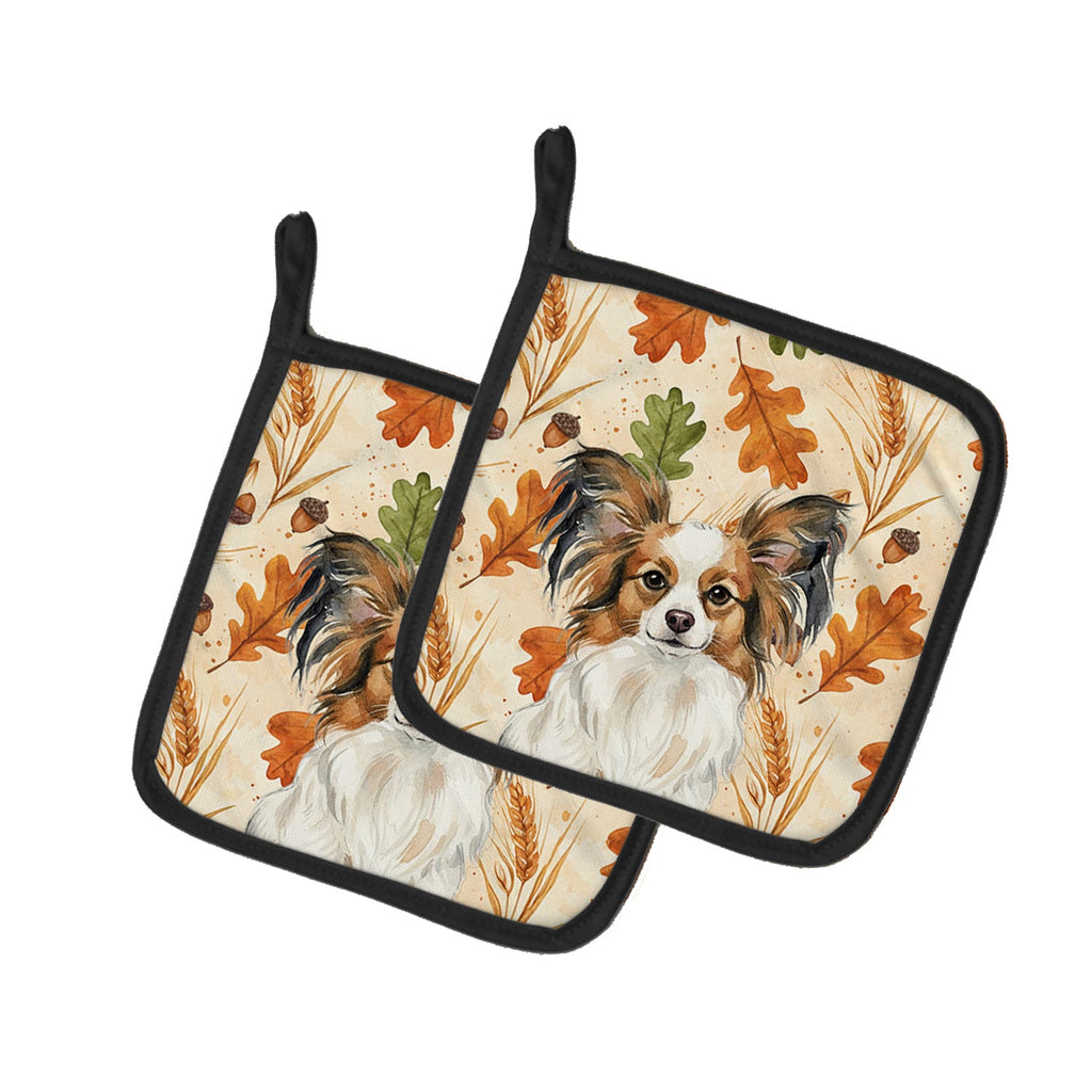 White with Sable Papillon Heirloom Fall Pot Holder Set of 2 Heat Resistant Quilted Hot Pads 7.5 x 7.5 Inch, Insulated Kitchen Trivets for Cooking & Baking