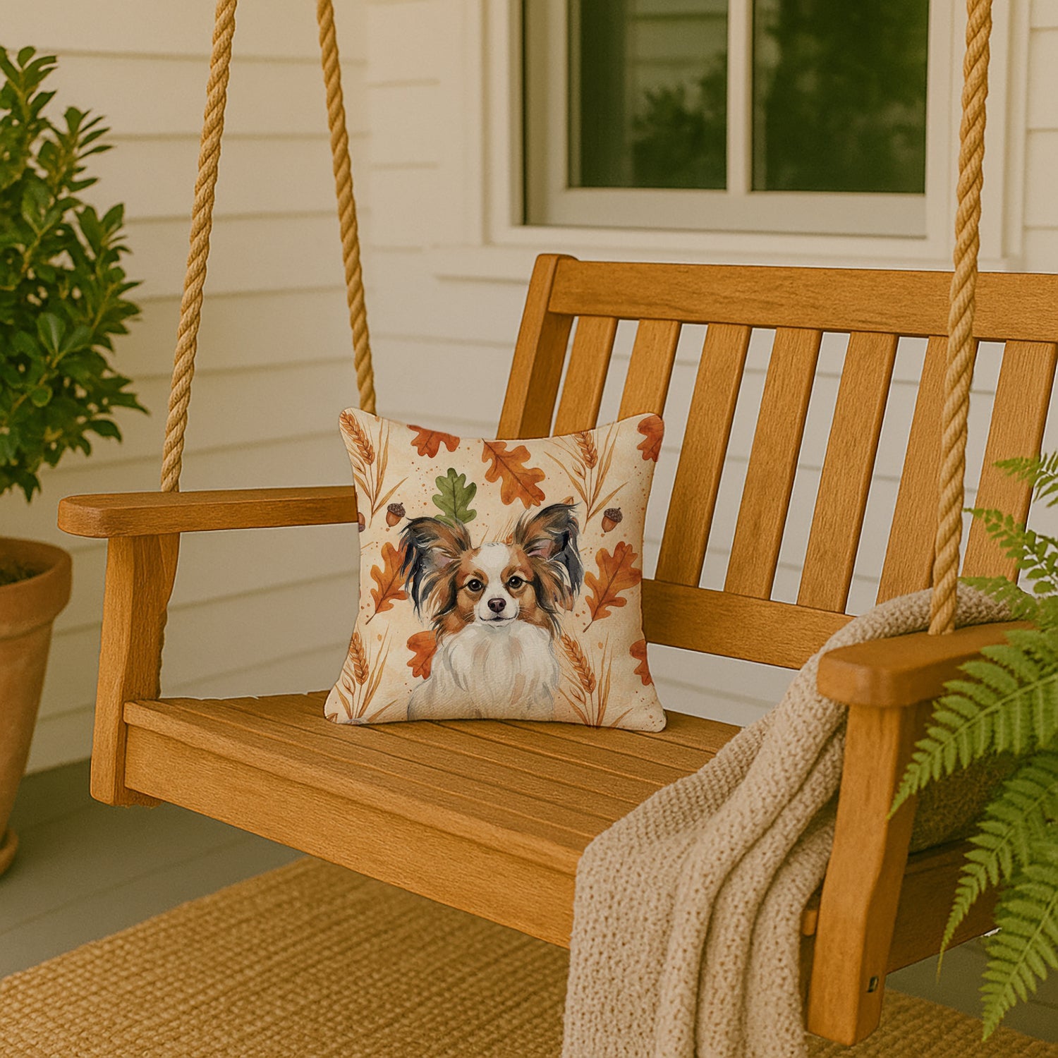 White with Sable Papillon Heirloom Fall Decorative Throw Pillow 14x14 Indoor Outdoor Accent Cushion, Fabric Cover with Insert for Sofa, Bed, Porch & Living Room