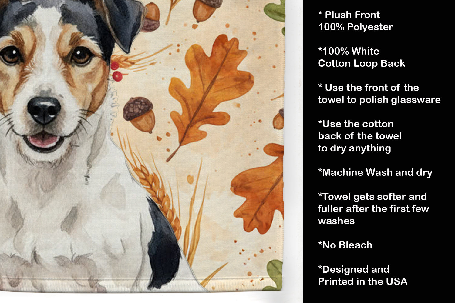 Parson Russell Terrier Heirloom Fall Kitchen Towel Velour Plush Front and Cotton Loop Back Machine Washable
