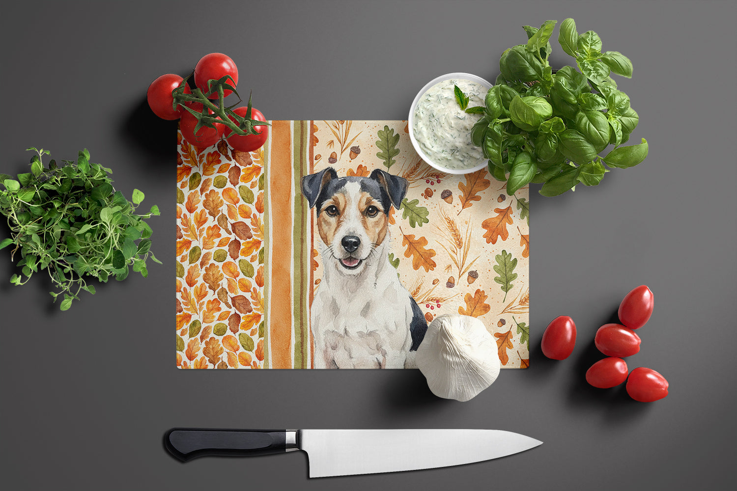 Parson Russell Terrier Heirloom Fall Cutting Board Tempered Glass Kitchen Cutting Surface, Heat Resistant Chopping, Non-Slip Feet, Food Prep & Serving