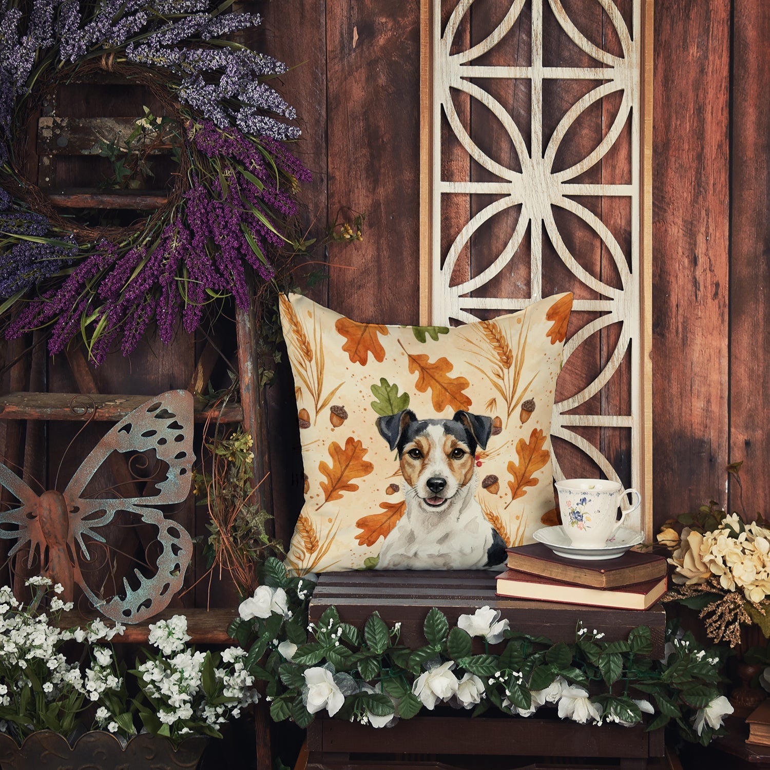 Parson Russell Terrier Heirloom Fall Decorative Throw Pillow 18x18 Indoor Outdoor Accent Cushion, Fabric Cover with Insert for Sofa, Bed, Porch & Living Room