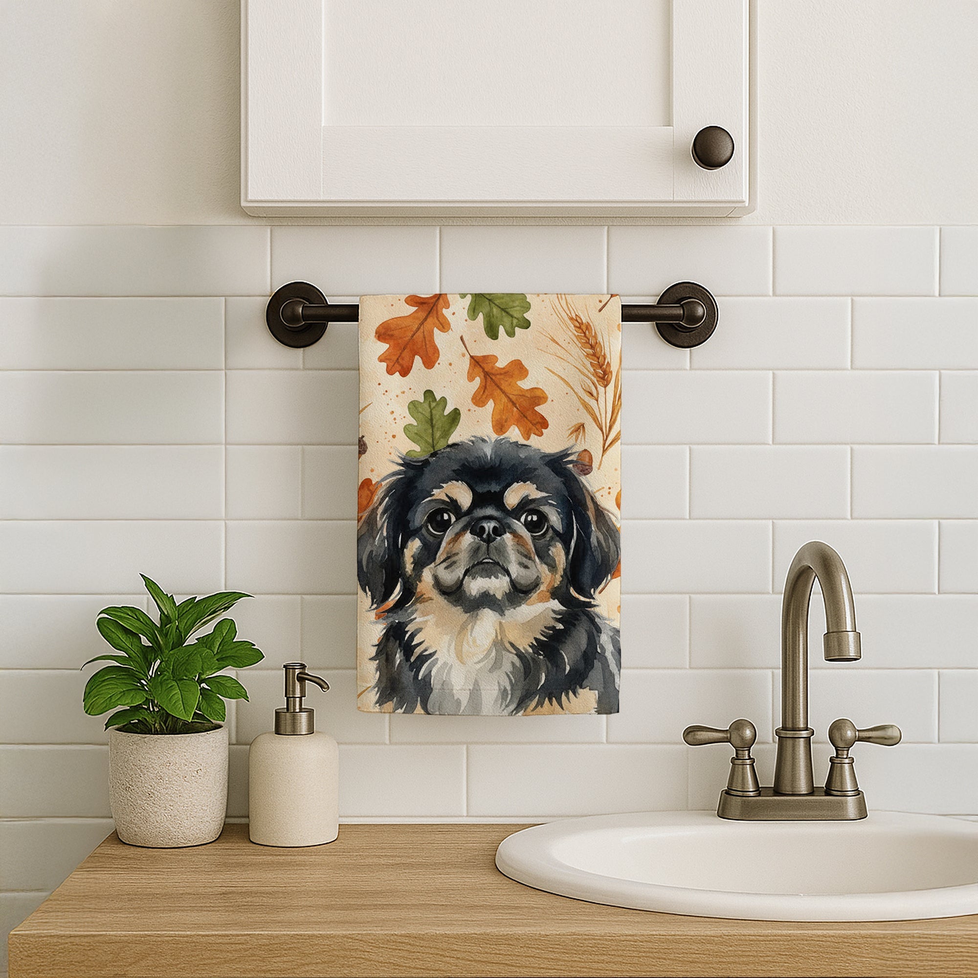 Black and Tan Pekingese Heirloom Fall Kitchen Towel Velour Plush Front and Cotton Loop Back Machine Washable