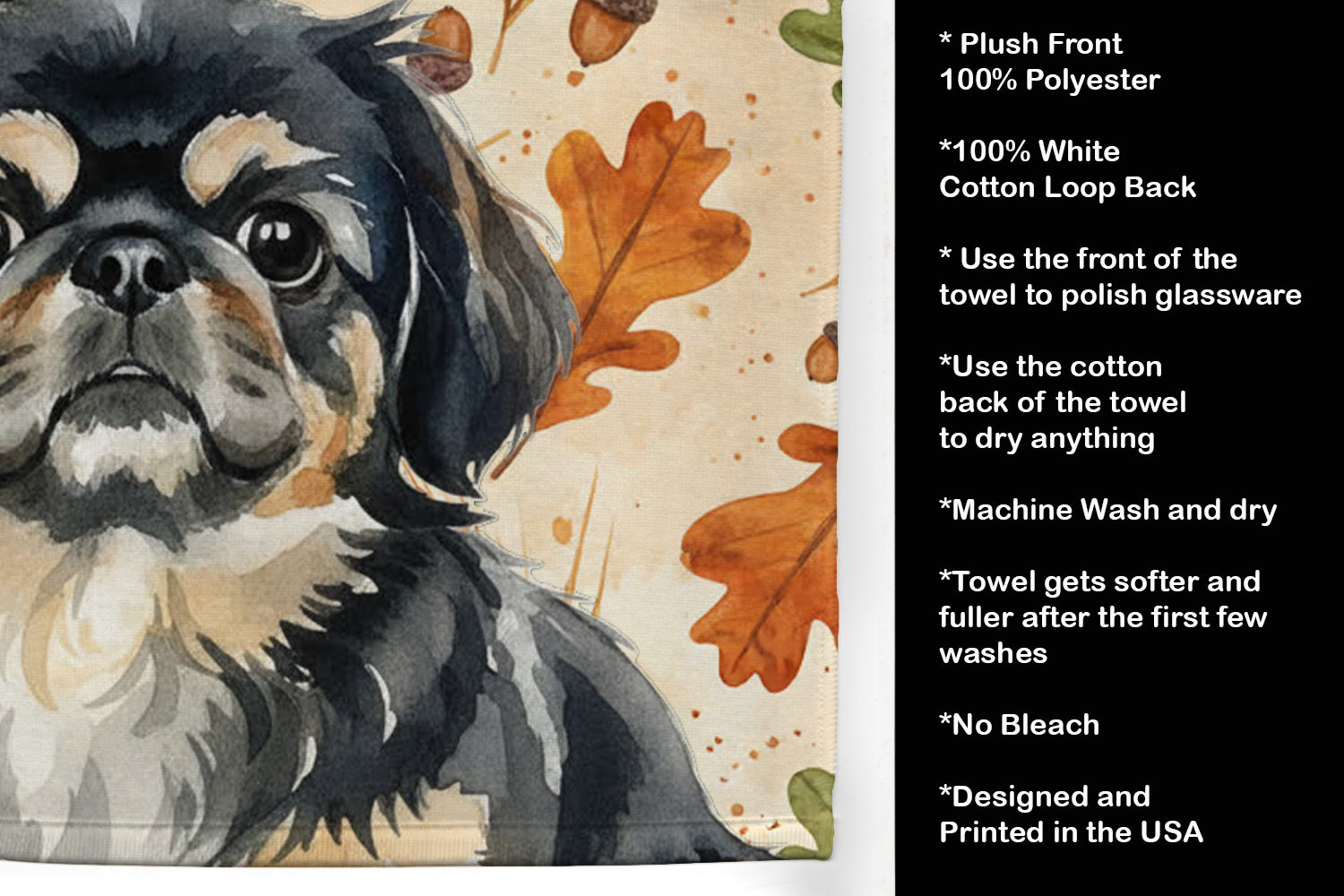 Black and Tan Pekingese Heirloom Fall Kitchen Towel Velour Plush Front and Cotton Loop Back Machine Washable