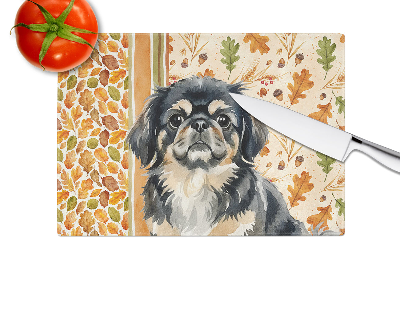 Black and Tan Pekingese Heirloom Fall Cutting Board Tempered Glass Kitchen Cutting Surface, Heat Resistant Chopping, Non-Slip Feet, Food Prep & Serving