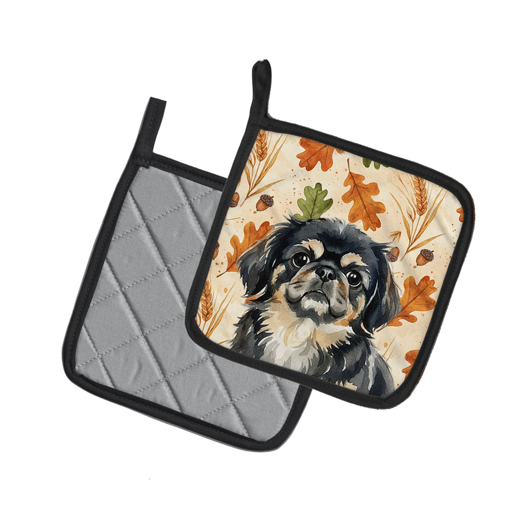 Black and Tan Pekingese Heirloom Fall Pot Holder Set of 2 Heat Resistant Quilted Hot Pads 7.5 x 7.5 Inch, Insulated Kitchen Trivets for Cooking & Baking