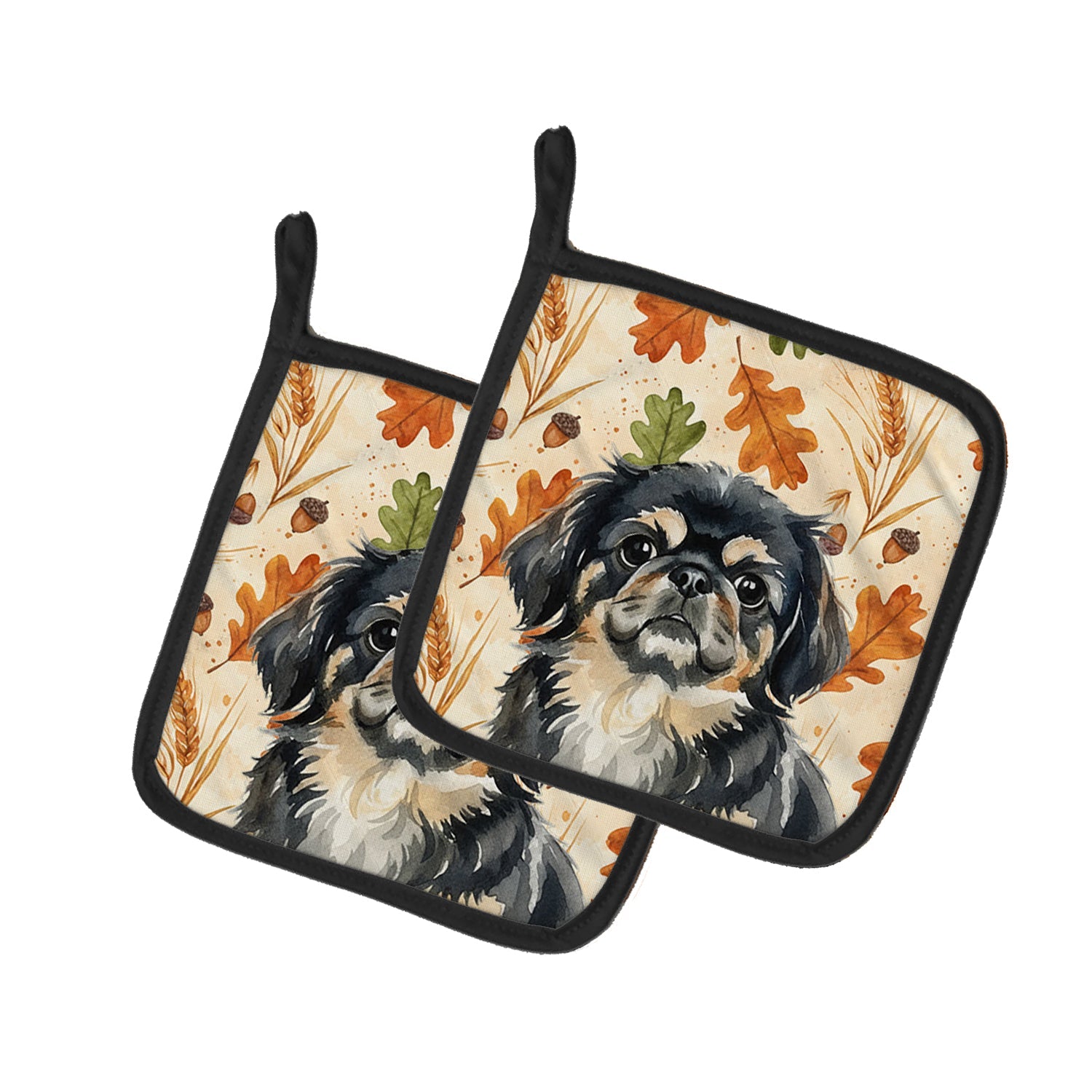 Black and Tan Pekingese Heirloom Fall Pot Holder Set of 2 Heat Resistant Quilted Hot Pads 7.5 x 7.5 Inch, Insulated Kitchen Trivets for Cooking & Baking