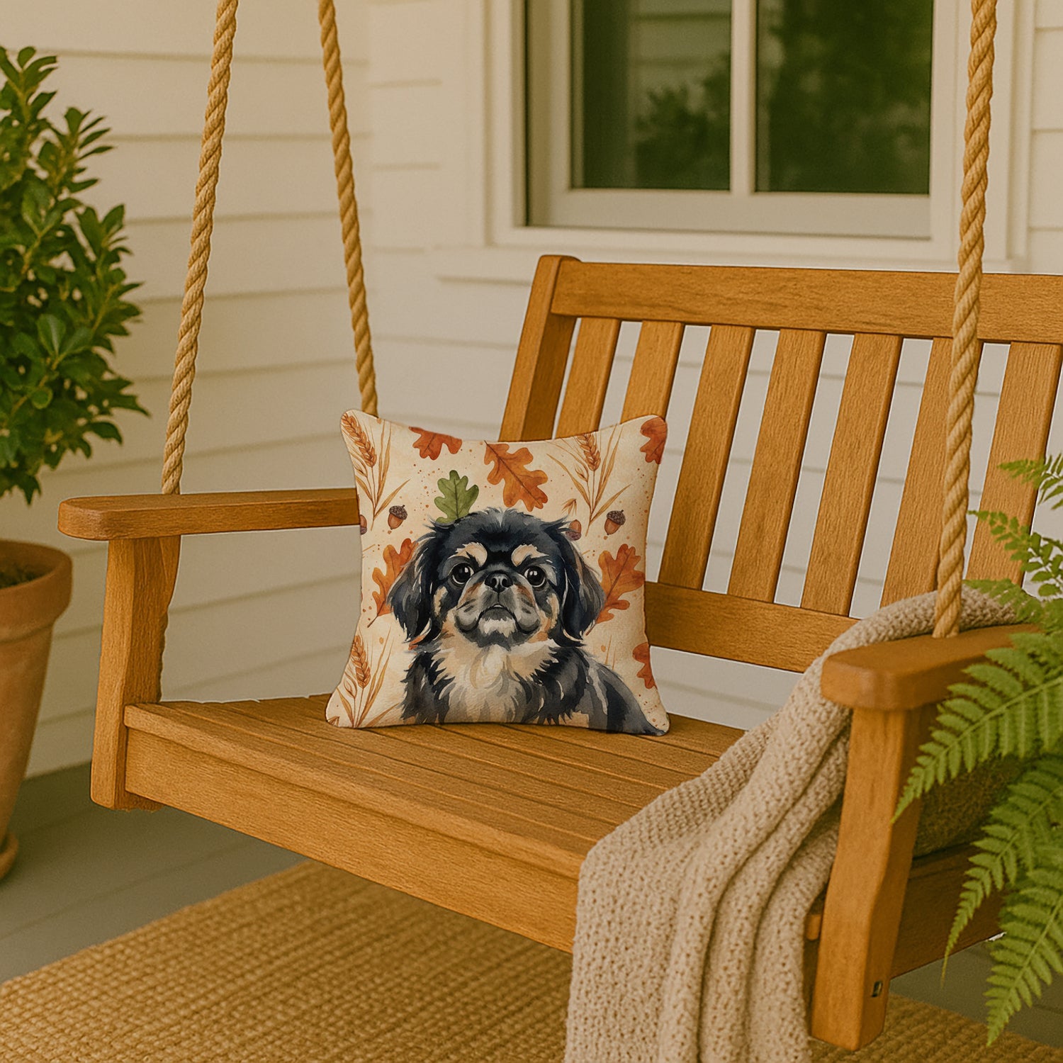 Black and Tan Pekingese Heirloom Fall Decorative Throw Pillow 14x14 Indoor Outdoor Accent Cushion, Fabric Cover with Insert for Sofa, Bed, Porch & Living Room
