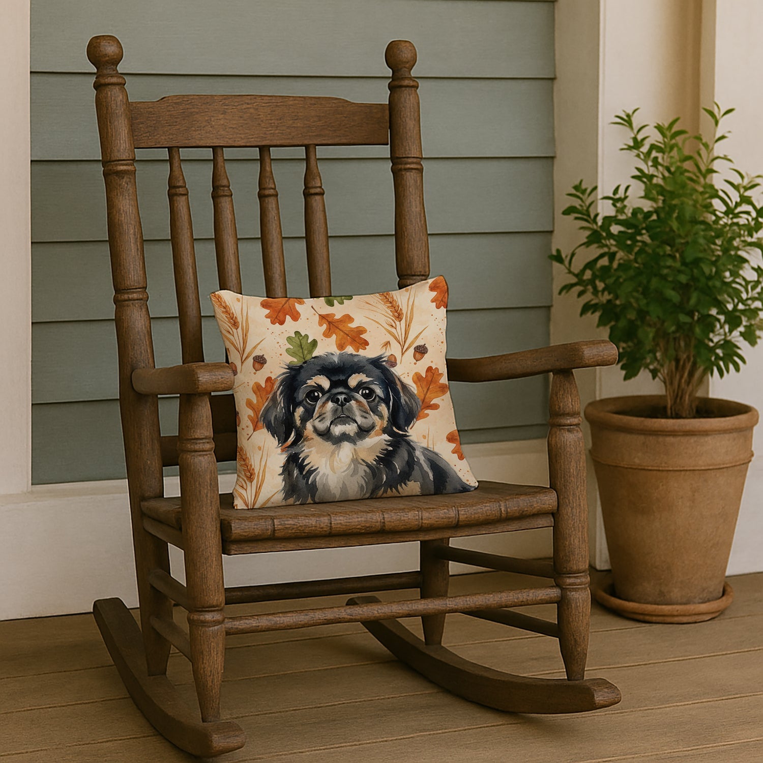 Black and Tan Pekingese Heirloom Fall Decorative Throw Pillow 14x14 Indoor Outdoor Accent Cushion, Fabric Cover with Insert for Sofa, Bed, Porch & Living Room