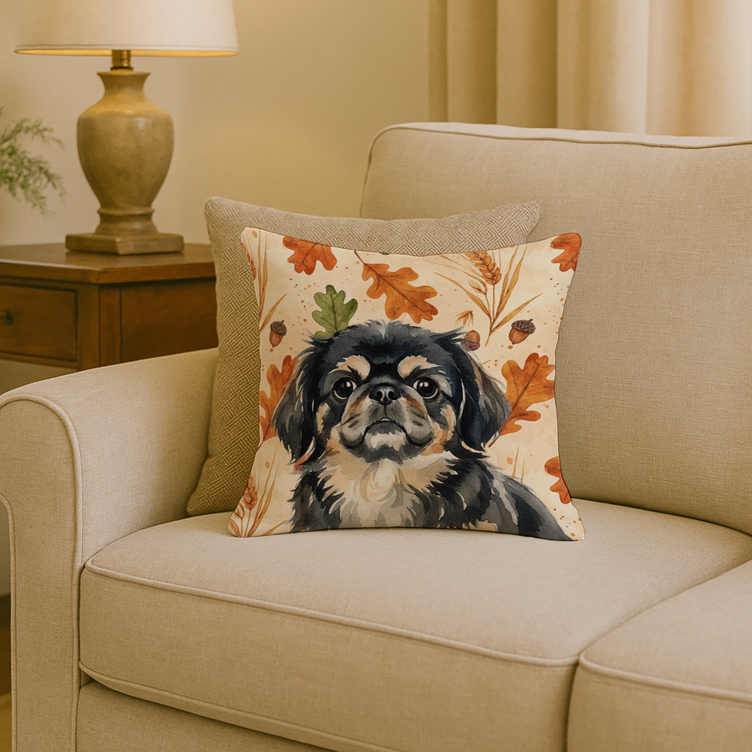 Black and Tan Pekingese Heirloom Fall Decorative Throw Pillow 18x18 Indoor Outdoor Accent Cushion, Fabric Cover with Insert for Sofa, Bed, Porch & Living Room
