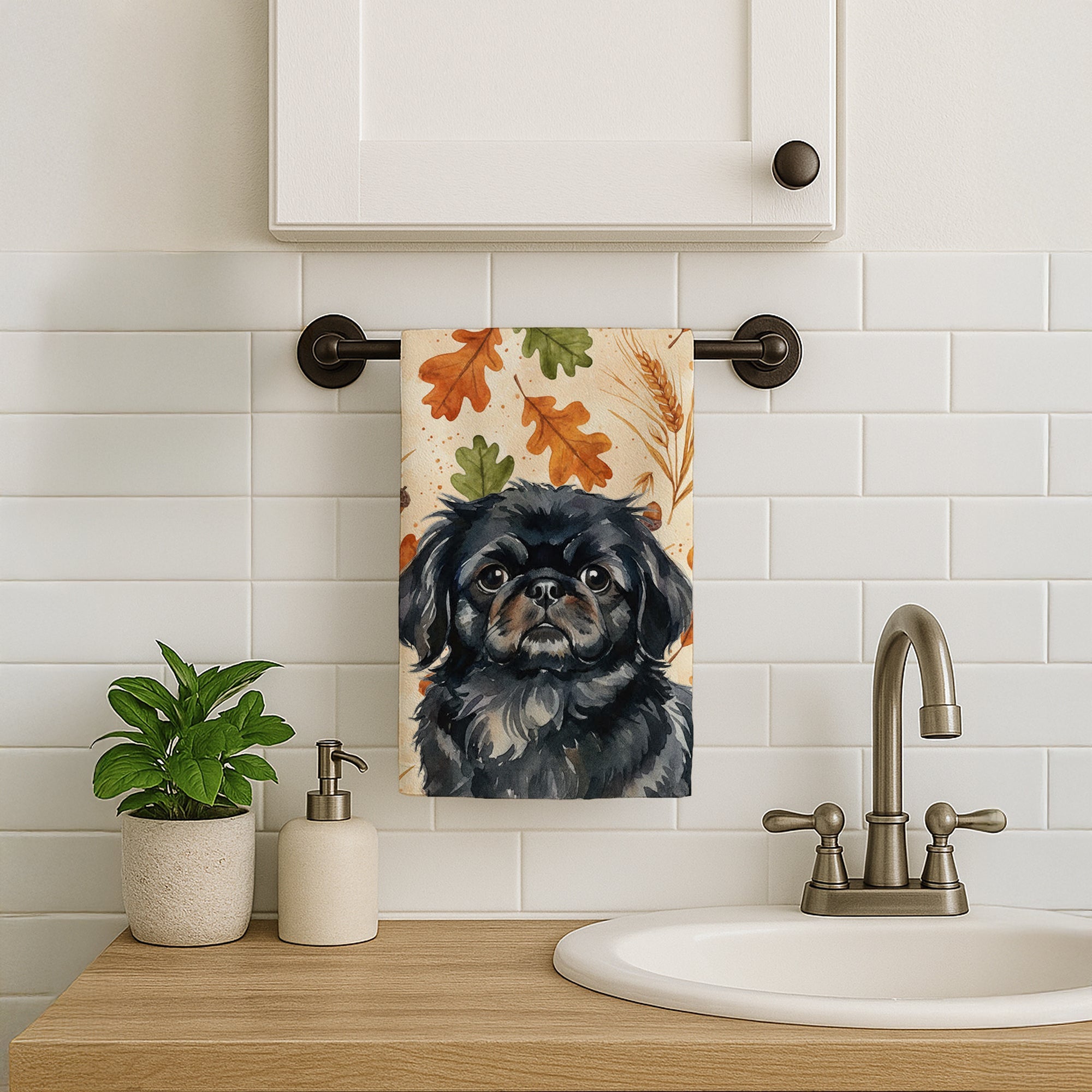 Black Pekingese Heirloom Fall Kitchen Towel Velour Plush Front and Cotton Loop Back Machine Washable