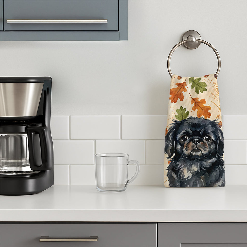 Black Pekingese Heirloom Fall Kitchen Towel Velour Plush Front and Cotton Loop Back Machine Washable