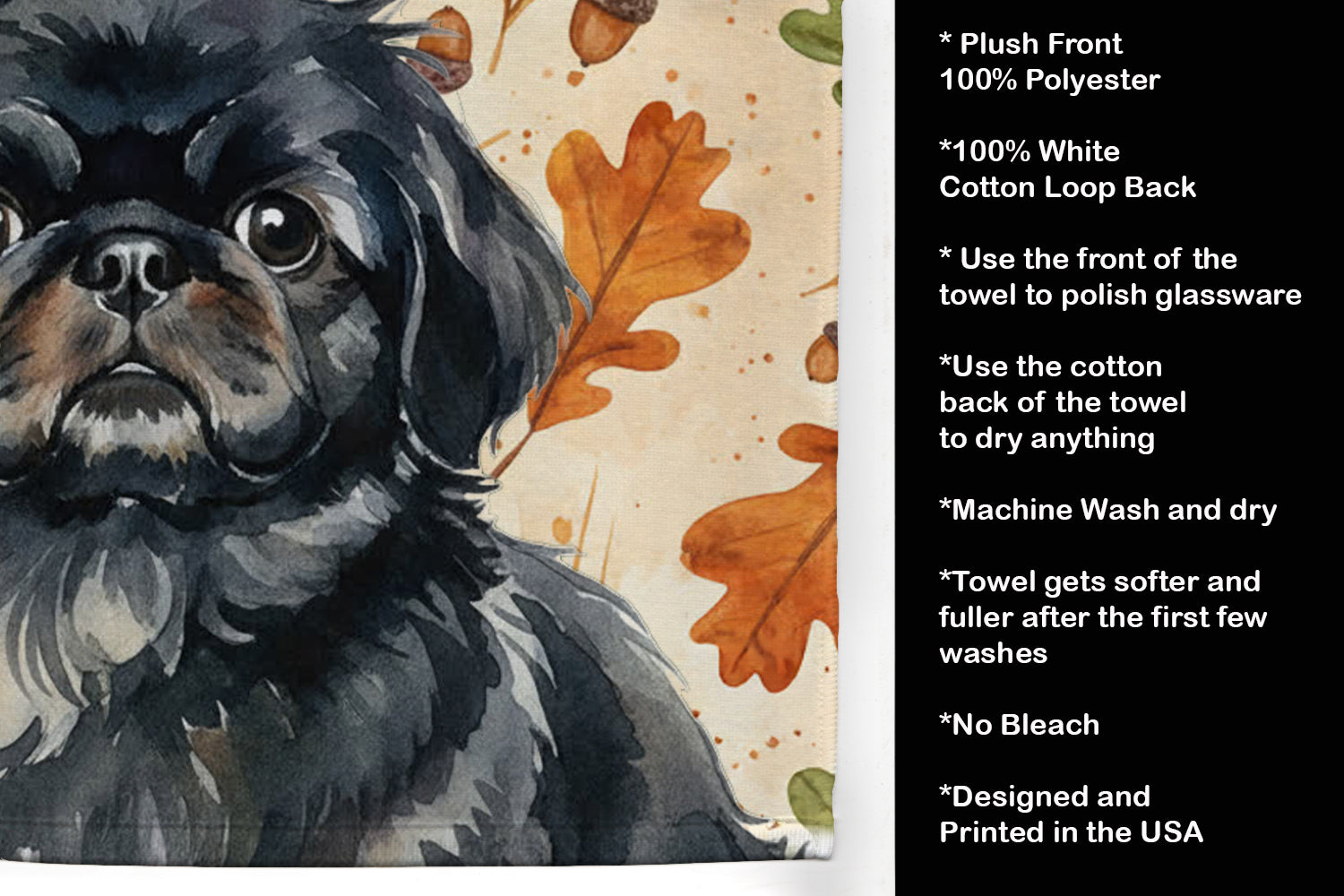 Black Pekingese Heirloom Fall Kitchen Towel Velour Plush Front and Cotton Loop Back Machine Washable