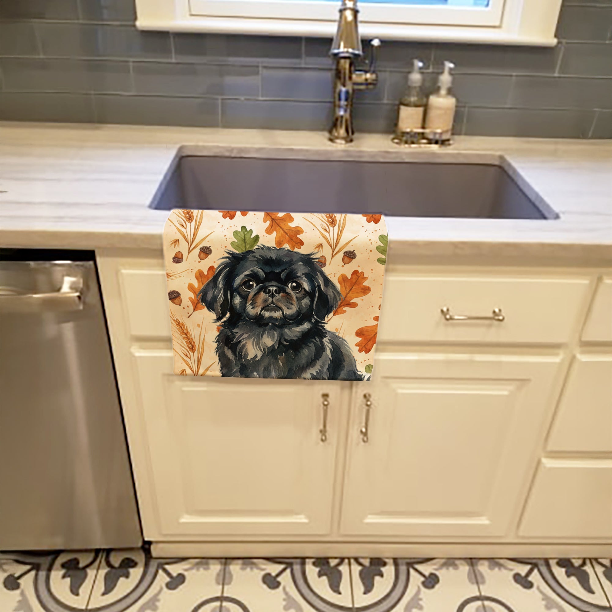 Black Pekingese Heirloom Fall Kitchen Towel Velour Plush Front and Cotton Loop Back Machine Washable