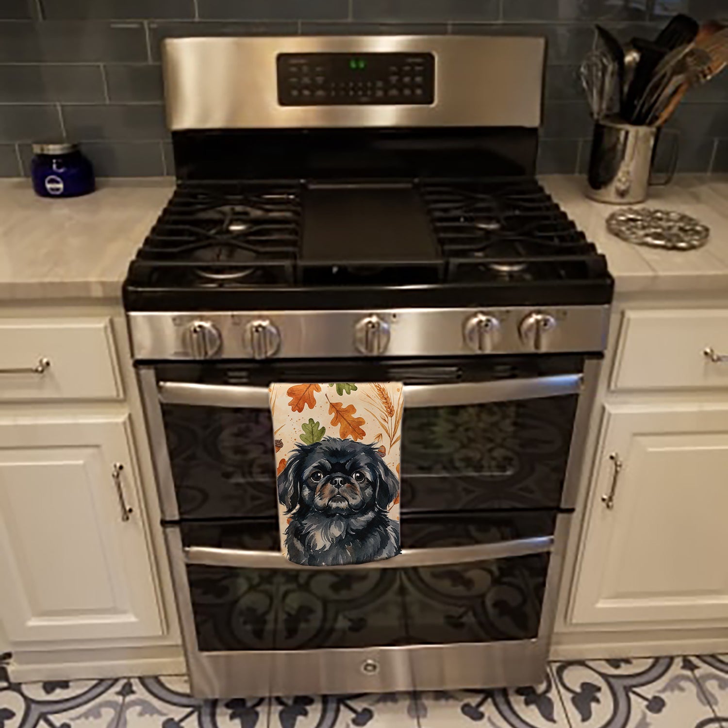 Black Pekingese Heirloom Fall Kitchen Towel Velour Plush Front and Cotton Loop Back Machine Washable