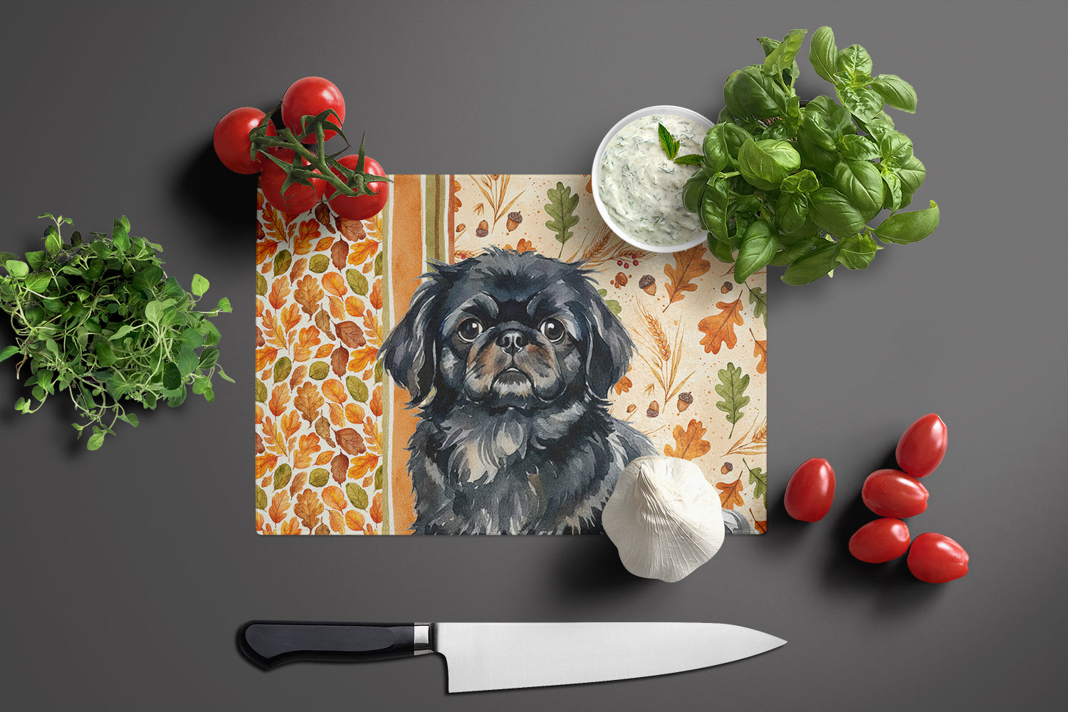 Black Pekingese Heirloom Fall Cutting Board Tempered Glass Kitchen Cutting Surface, Heat Resistant Chopping, Non-Slip Feet, Food Prep & Serving