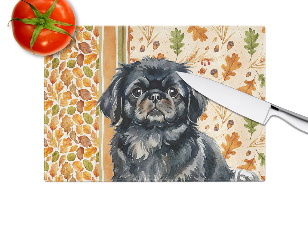 Black Pekingese Heirloom Fall Cutting Board Tempered Glass Kitchen Cutting Surface, Heat Resistant Chopping, Non-Slip Feet, Food Prep & Serving