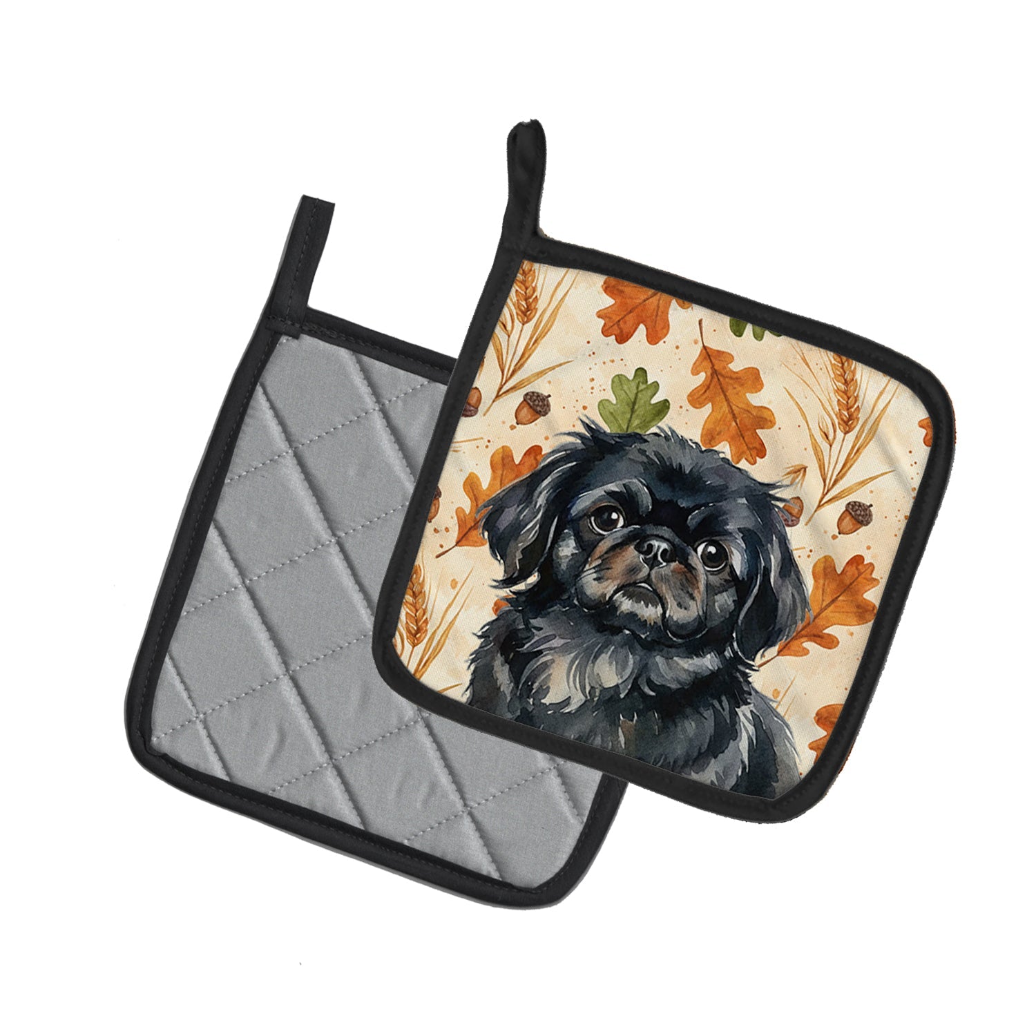 Black Pekingese Heirloom Fall Pot Holder Set of 2 Heat Resistant Quilted Hot Pads 7.5 x 7.5 Inch, Insulated Kitchen Trivets for Cooking & Baking