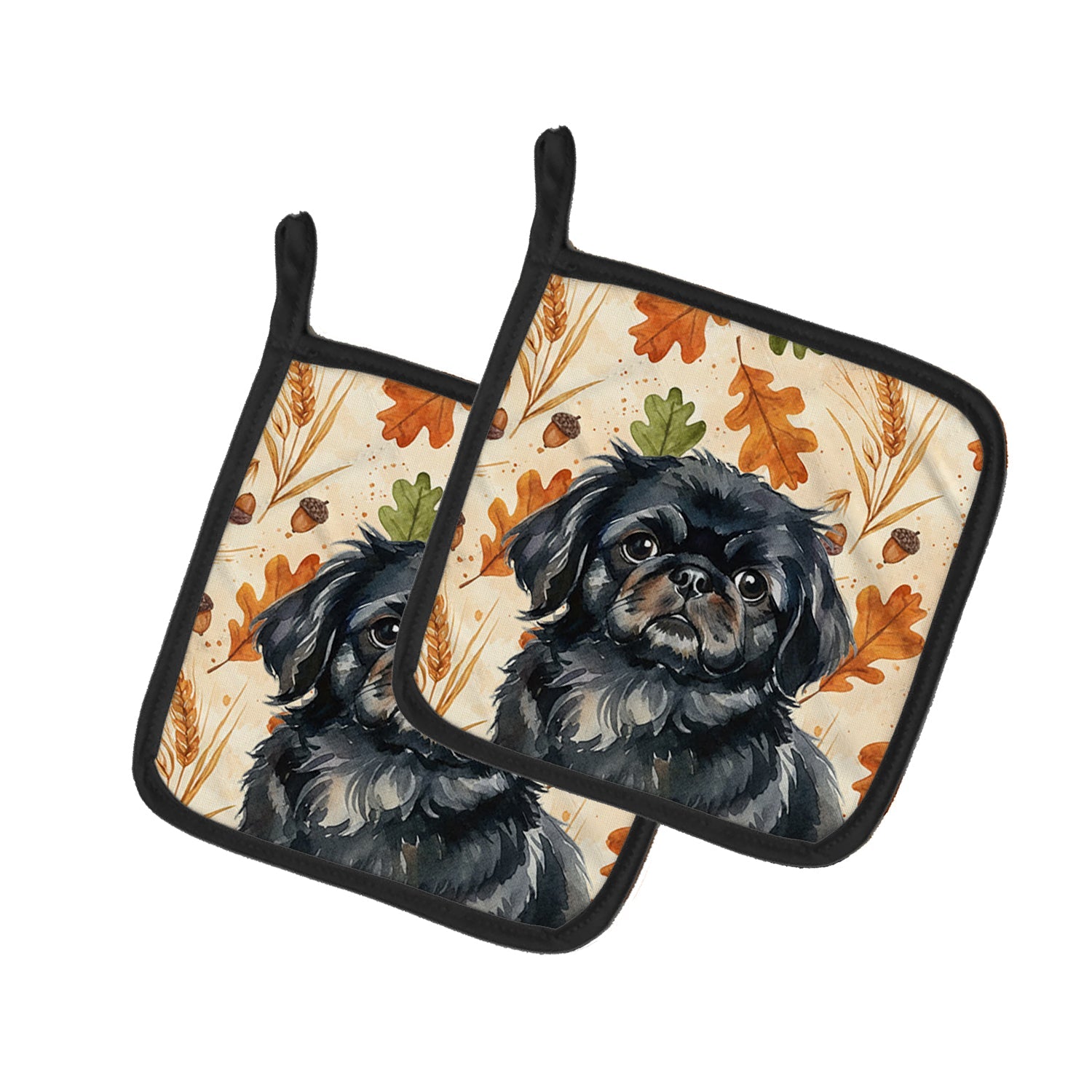 Black Pekingese Heirloom Fall Pot Holder Set of 2 Heat Resistant Quilted Hot Pads 7.5 x 7.5 Inch, Insulated Kitchen Trivets for Cooking & Baking