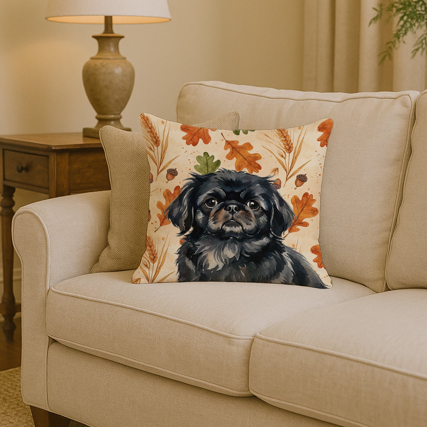Black Pekingese Heirloom Fall Decorative Throw Pillow 14x14 Indoor Outdoor Accent Cushion, Fabric Cover with Insert for Sofa, Bed, Porch & Living Room