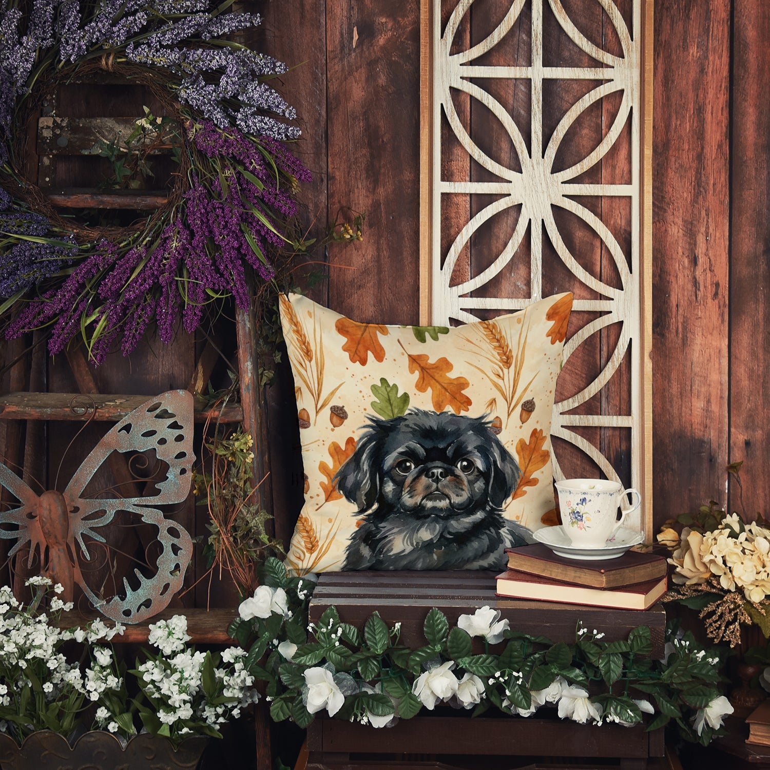 Black Pekingese Heirloom Fall Decorative Throw Pillow 18x18 Indoor Outdoor Accent Cushion, Fabric Cover with Insert for Sofa, Bed, Porch & Living Room