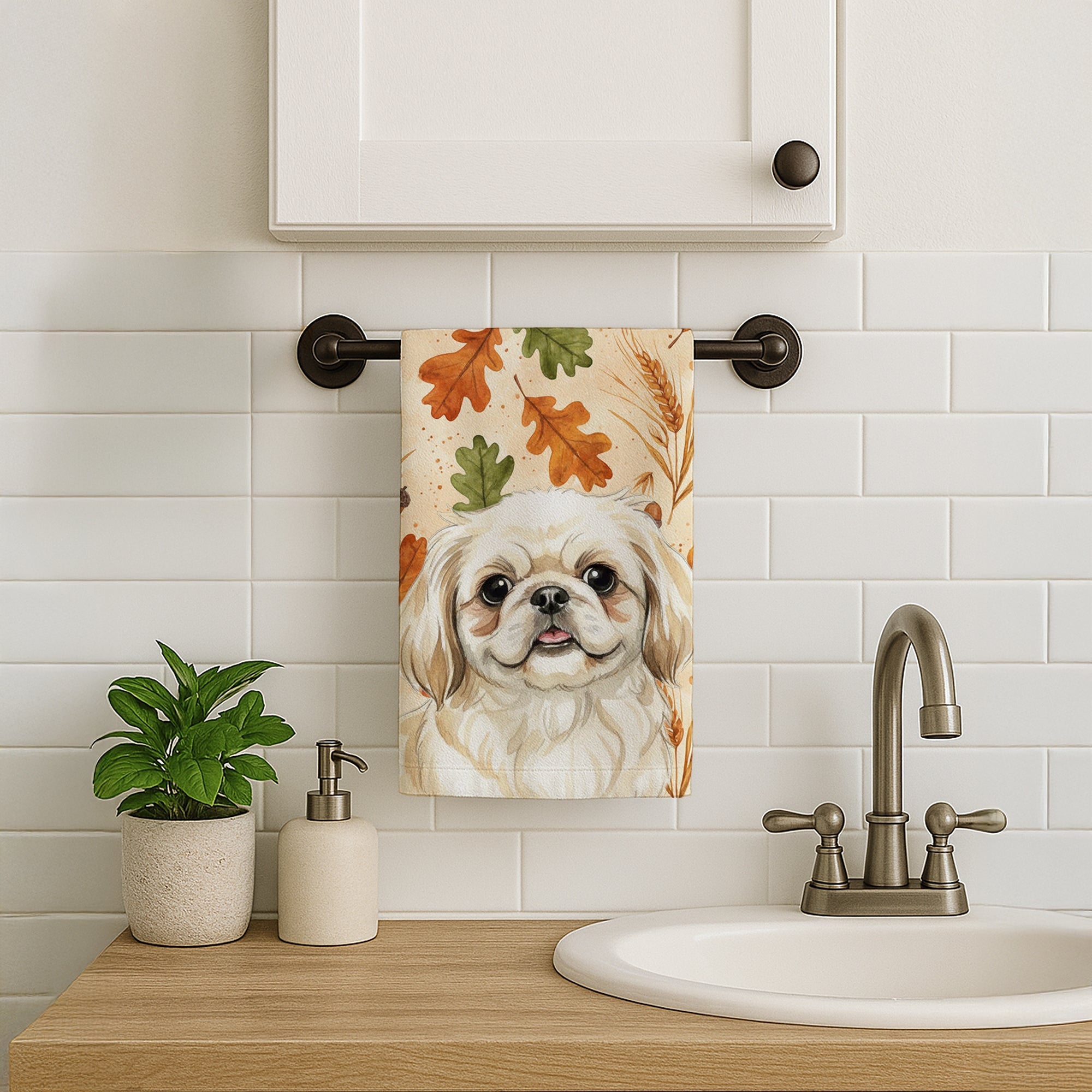 Cream Pekingese Heirloom Fall Kitchen Towel Velour Plush Front and Cotton Loop Back Machine Washable
