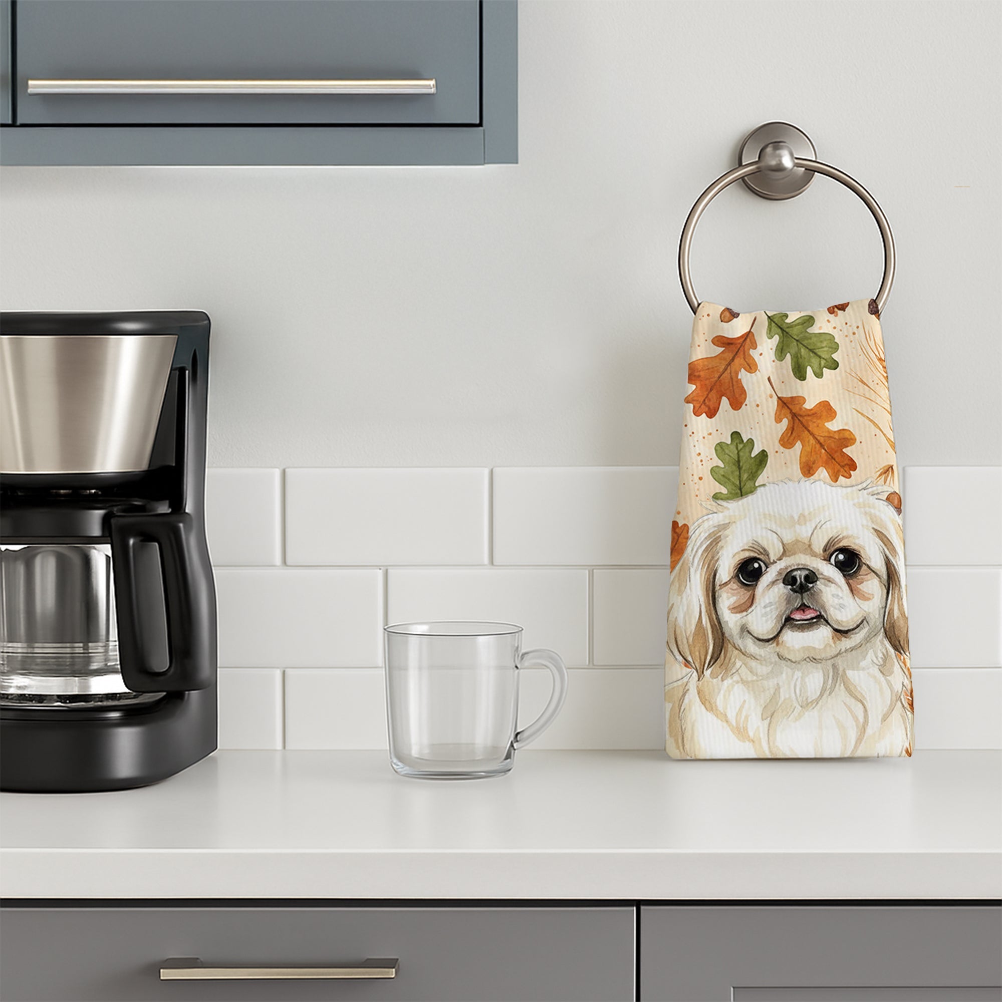 Cream Pekingese Heirloom Fall Kitchen Towel Velour Plush Front and Cotton Loop Back Machine Washable