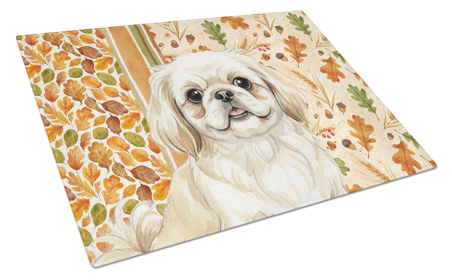 Cream Pekingese Heirloom Fall Cutting Board Tempered Glass Kitchen Cutting Surface, Heat Resistant Chopping, Non-Slip Feet, Food Prep & Serving