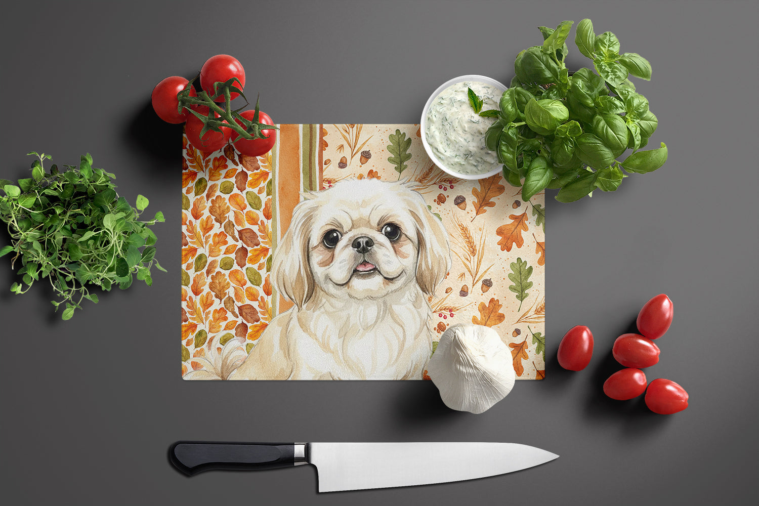 Cream Pekingese Heirloom Fall Cutting Board Tempered Glass Kitchen Cutting Surface, Heat Resistant Chopping, Non-Slip Feet, Food Prep & Serving