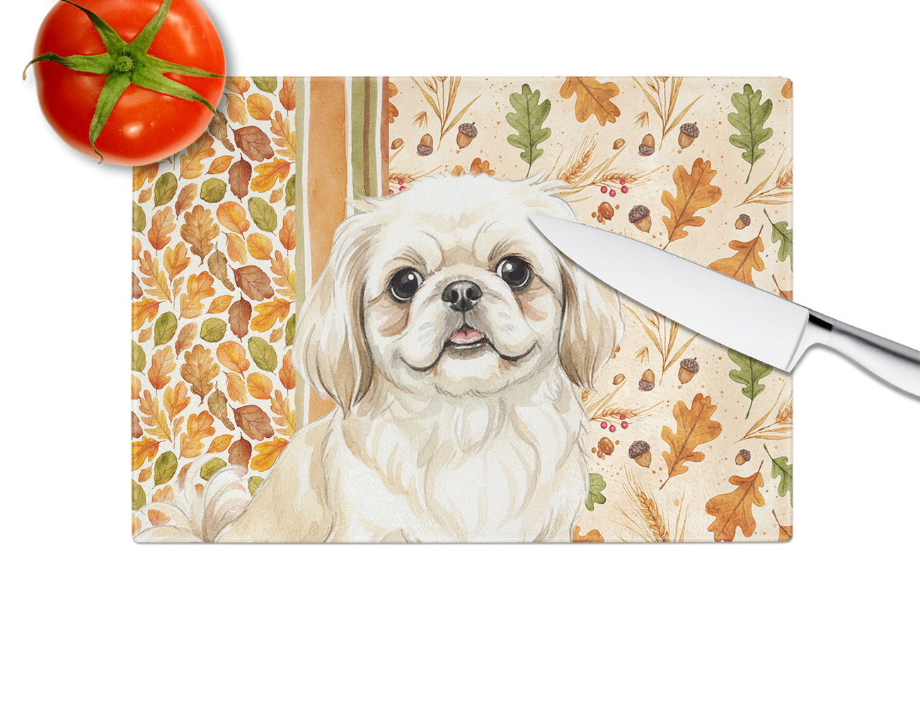 Cream Pekingese Heirloom Fall Cutting Board Tempered Glass Kitchen Cutting Surface, Heat Resistant Chopping, Non-Slip Feet, Food Prep & Serving