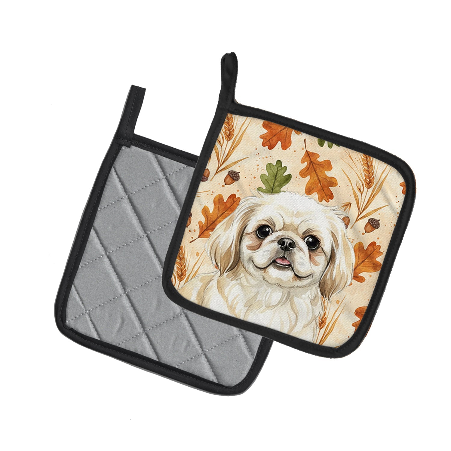 Cream Pekingese Heirloom Fall Pot Holder Set of 2 Heat Resistant Quilted Hot Pads 7.5 x 7.5 Inch, Insulated Kitchen Trivets for Cooking & Baking