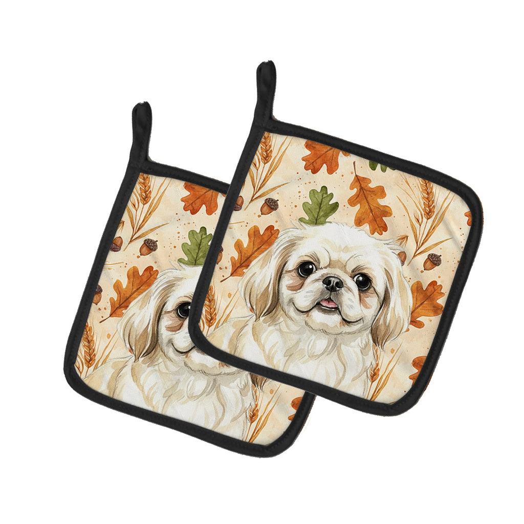 Cream Pekingese Heirloom Fall Pot Holder Set of 2 Heat Resistant Quilted Hot Pads 7.5 x 7.5 Inch, Insulated Kitchen Trivets for Cooking & Baking