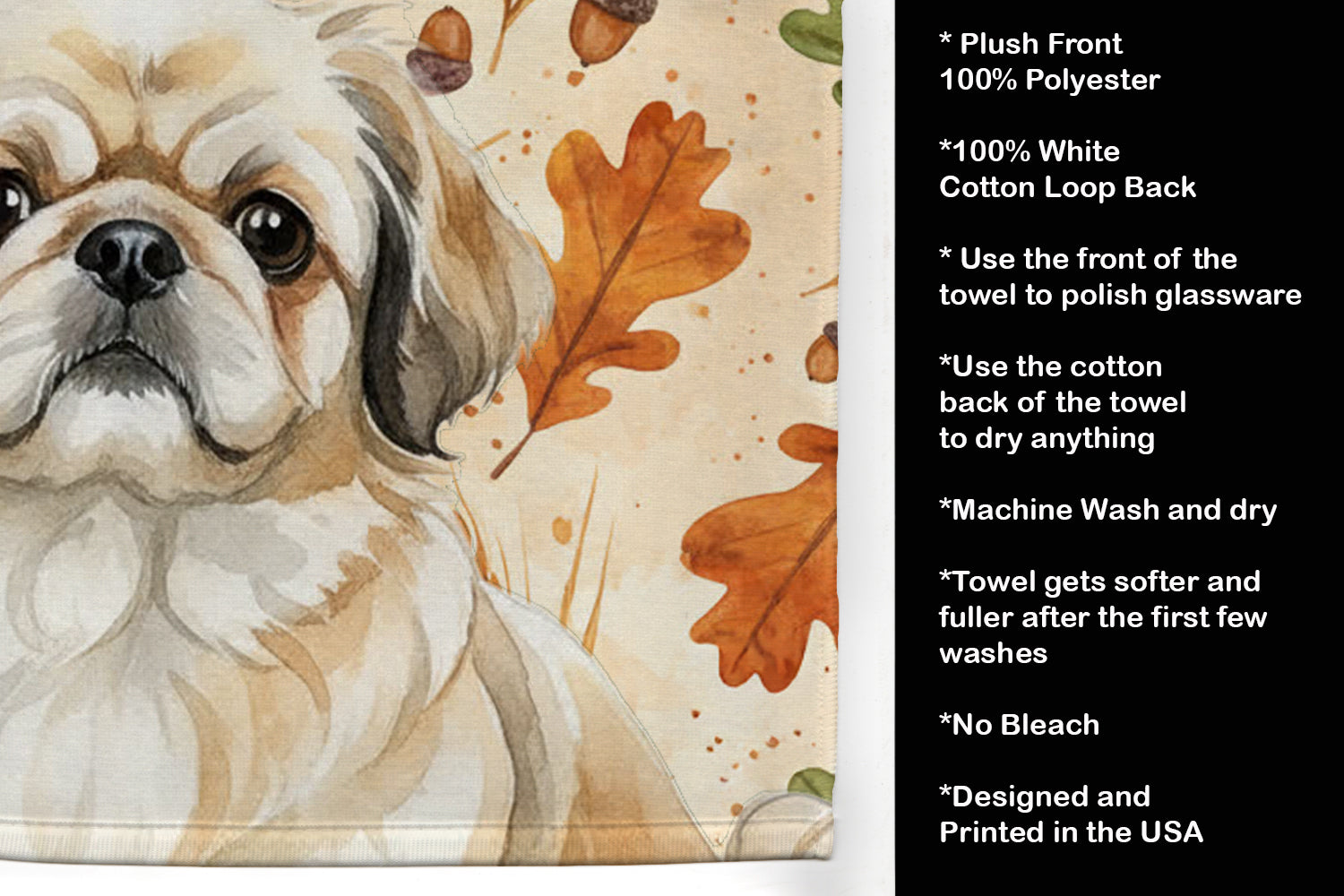 Fawn Pekingese Heirloom Fall Kitchen Towel Velour Plush Front and Cotton Loop Back Machine Washable