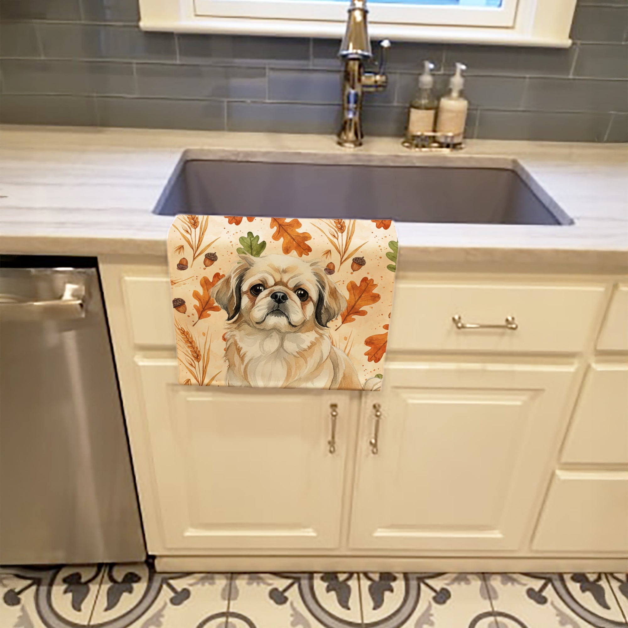 Fawn Pekingese Heirloom Fall Kitchen Towel Velour Plush Front and Cotton Loop Back Machine Washable